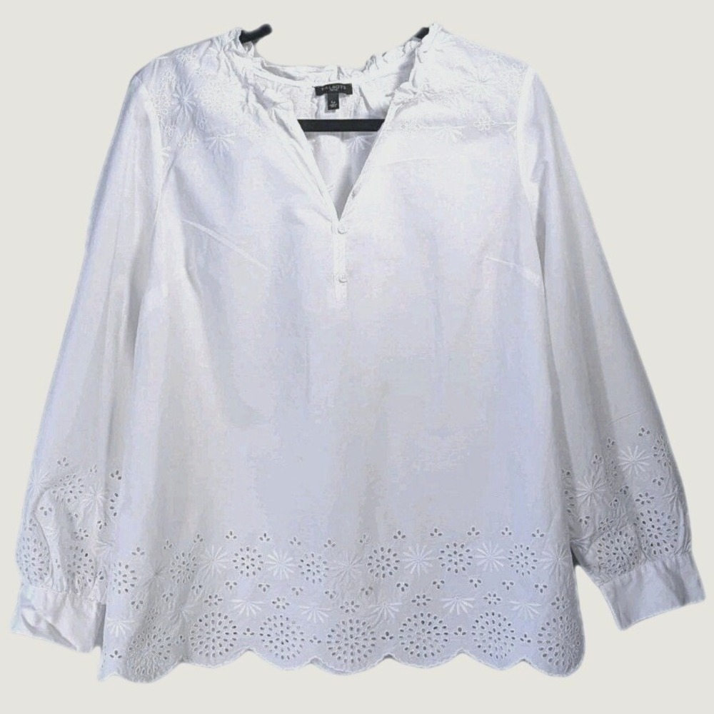 L Petite White Cotton Talbots Eyelet Embroidery Beach Wedding Photo 3/4 Sleeve